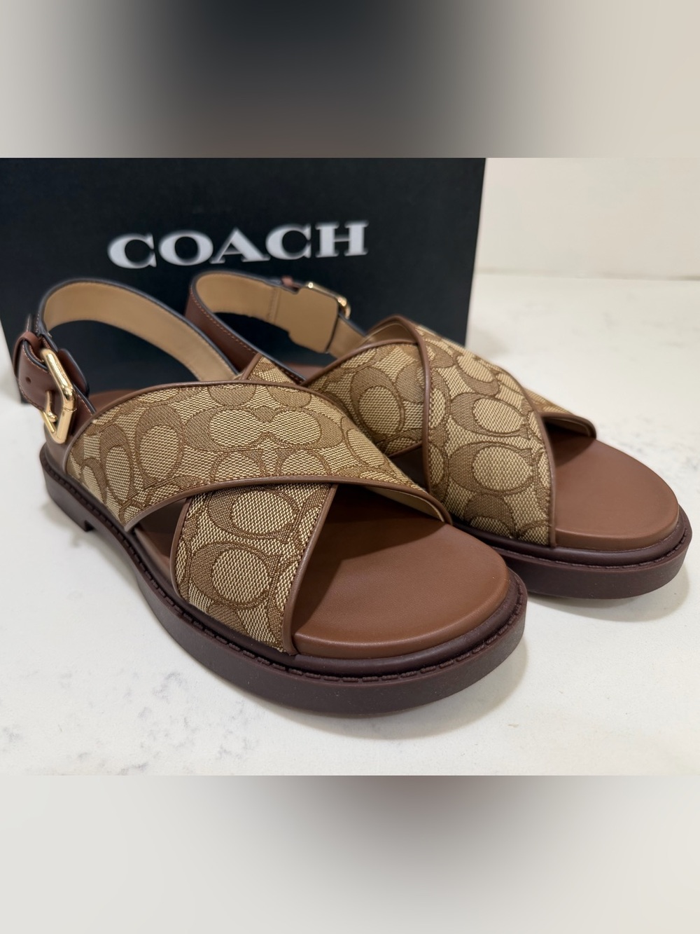 Coach Khaki Signature Canvas & Brown Leather Cross-Strap Sandals - Picture 7 of 14